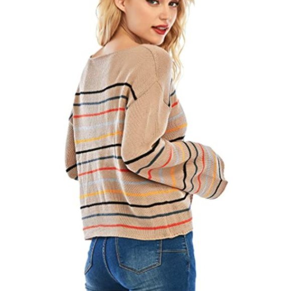 NWT Striped Knit Bell Sleeve Slouchy Sweater Top. - Picture 2 of 6